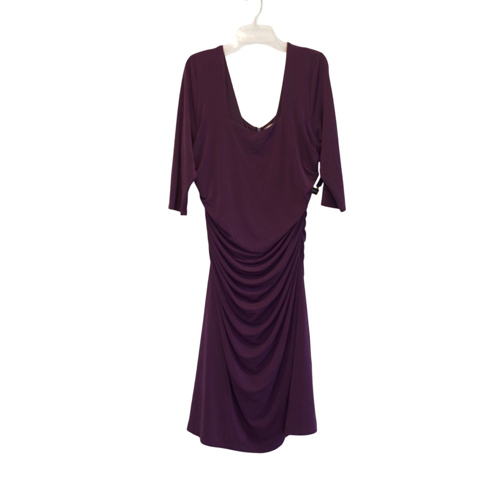 Kiyonna Dress Womens 2x Ruched Cocktail Purple 3/4 Sleeve Plus Size NEW Party